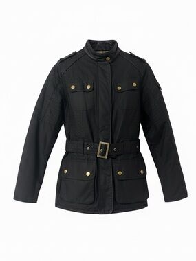 Barbour International Wax Jacket UK 12 Black Belted Leather trim Biker Style